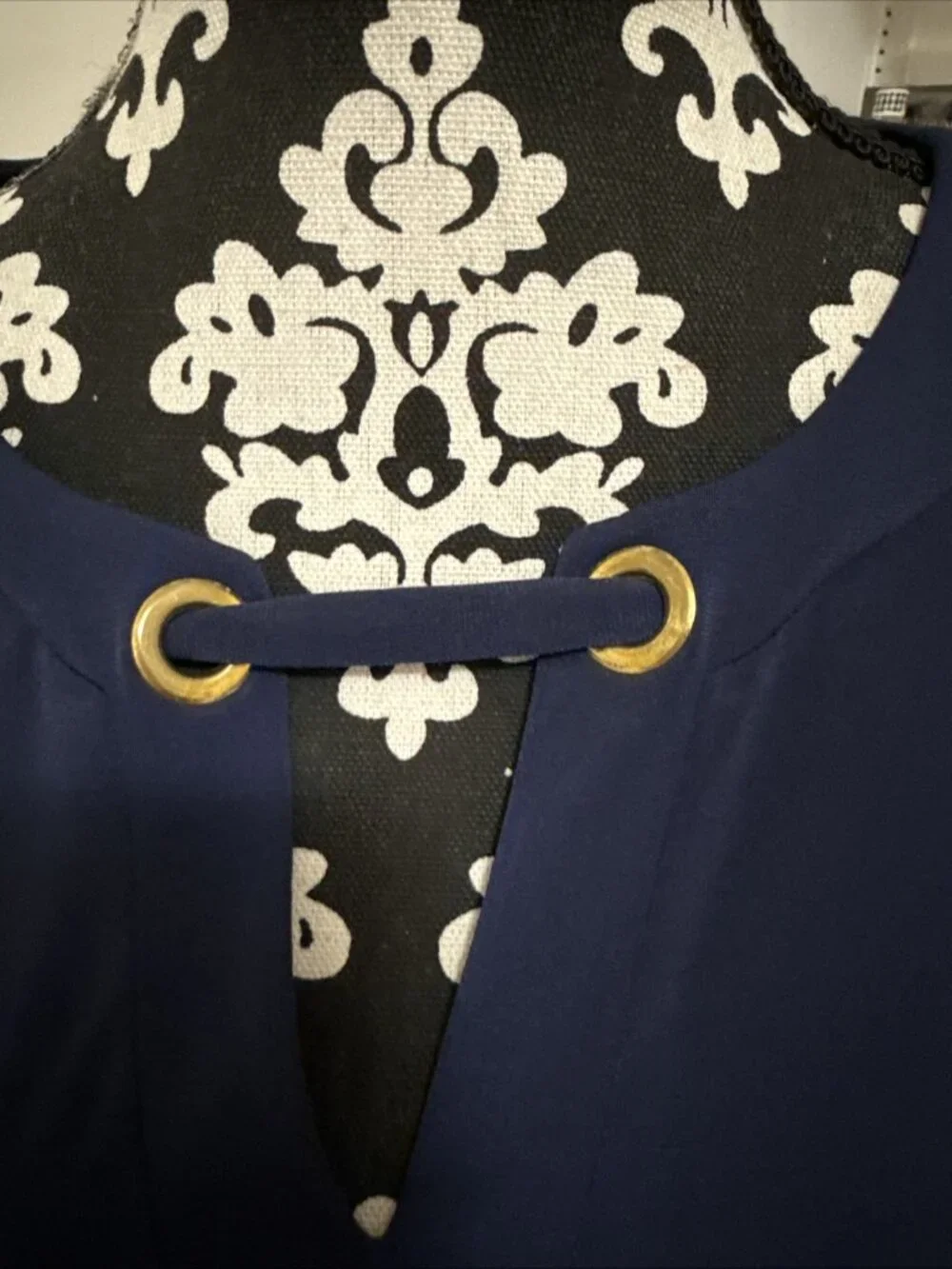 Michael Kors Women's Blouse with Gold Rings and Logo Bell Sleeves XL Navy blue